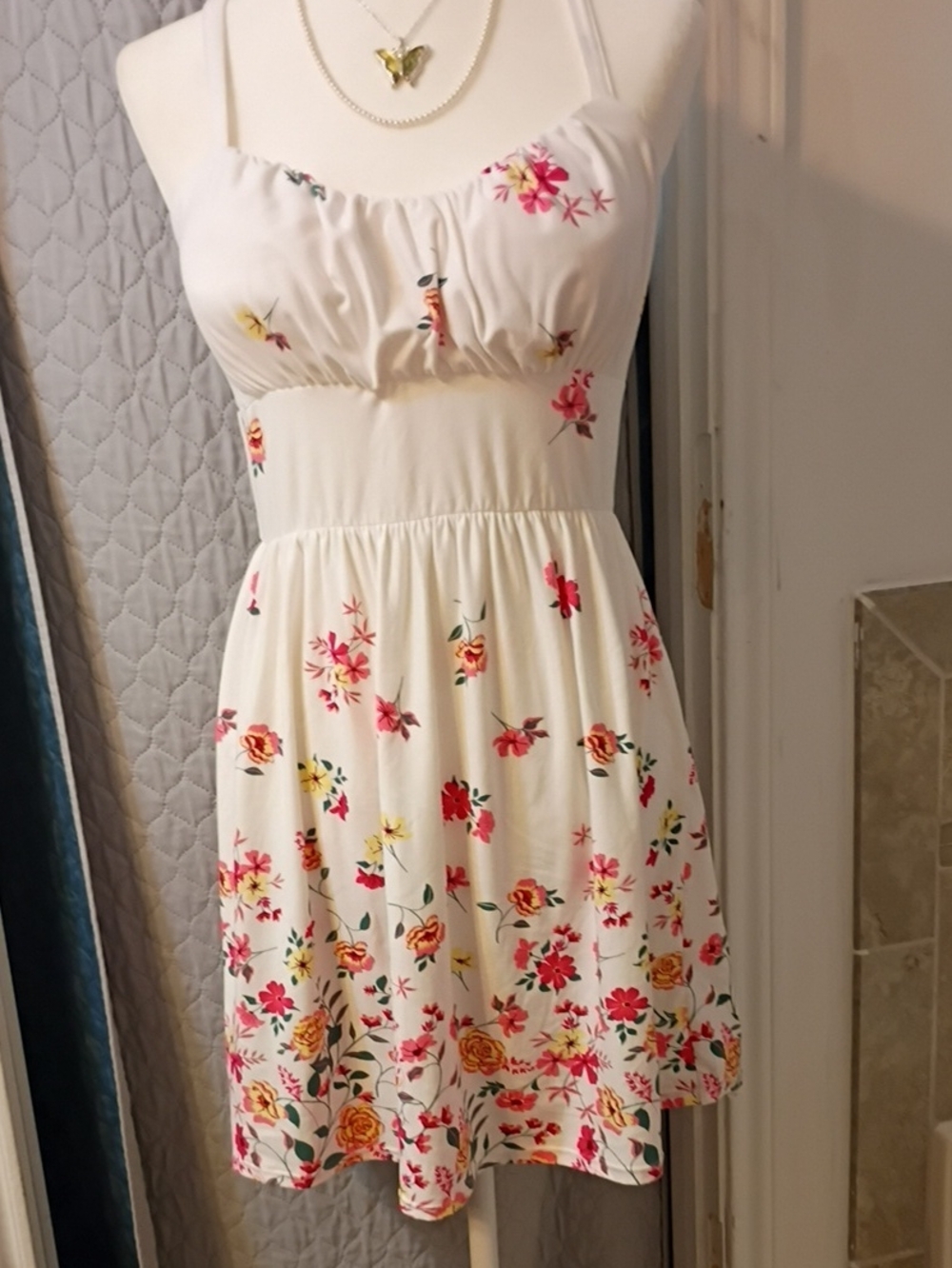 No Boundaries White Floral Mini Dress with Pink & Orange Accents